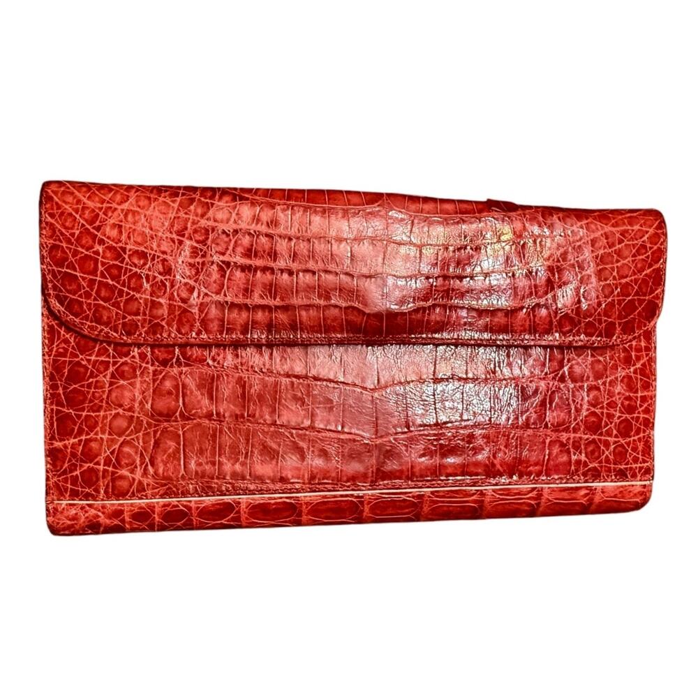 NANCY GONZALEZ Red Crocodile Embossed Leather Bi Fold Wallet Alligator Colombia